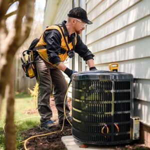 HVAC technician inspecting a residential heating and air conditioning unit, showcasing professional repair services