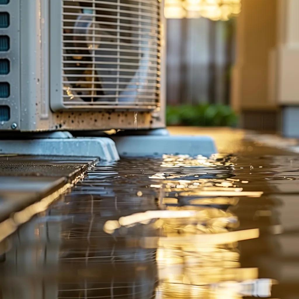 HVAC unit with water pooling around it, highlighting signs of leaks and humidity issues in a home
