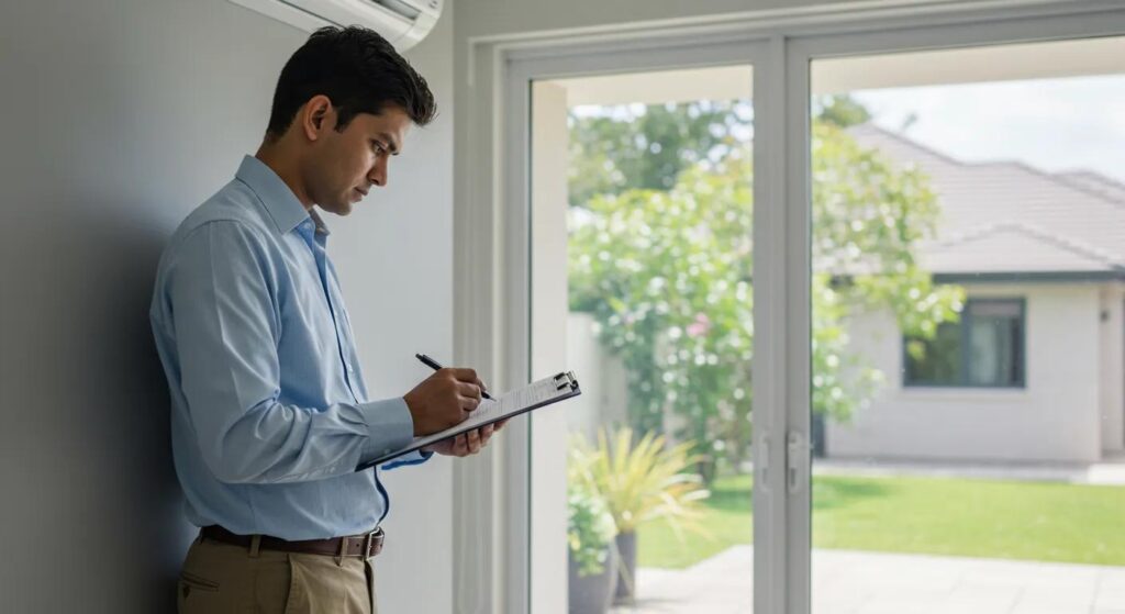 Technician conducting load calculation for residential AC system selection