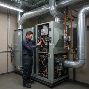 Technician maintaining a commercial heating system in an industrial setting