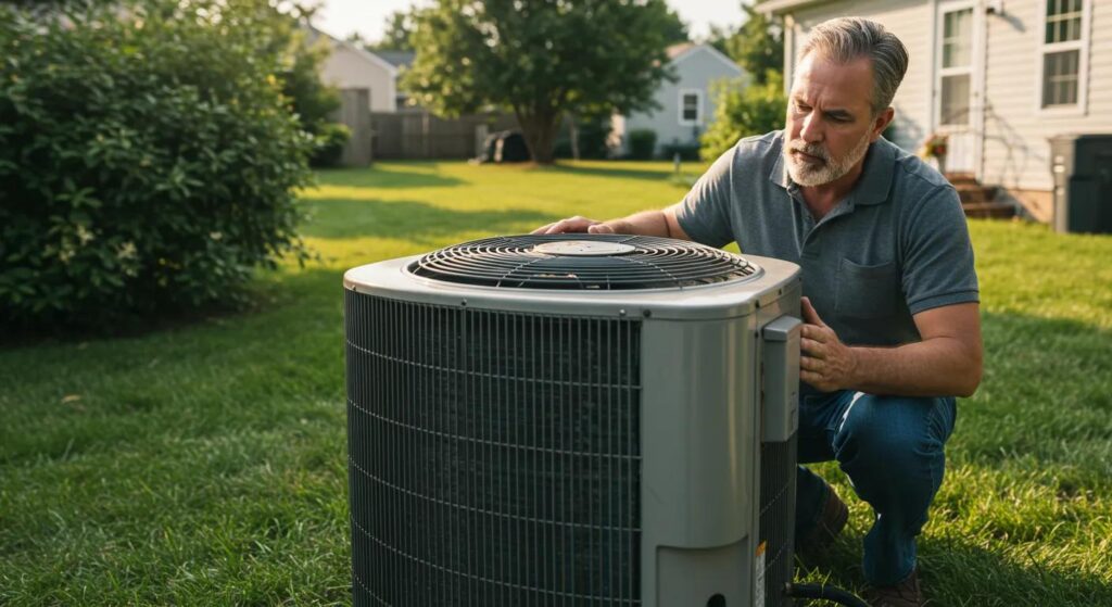 Homeowner inspecting an old air conditioning unit with signs of wear and high temperatures