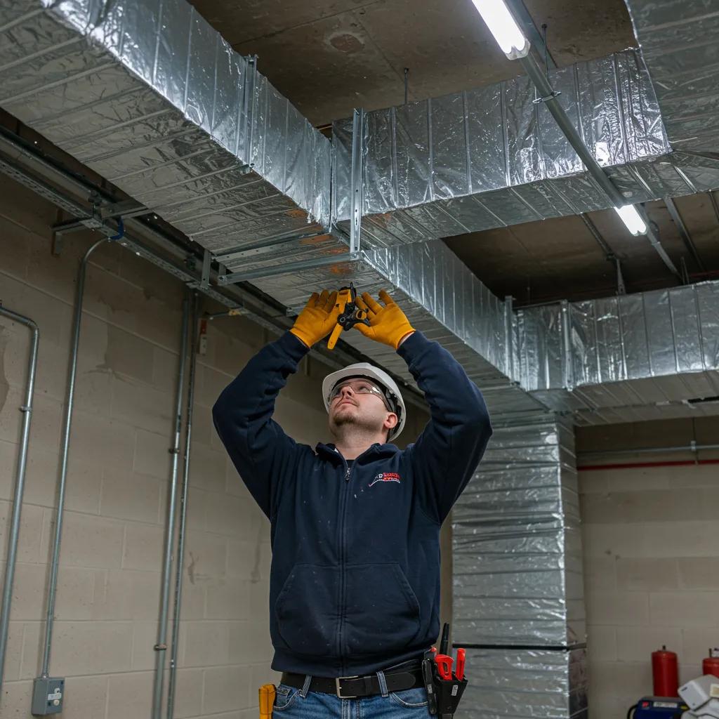Technician inspecting and sealing ductwork in a commercial building