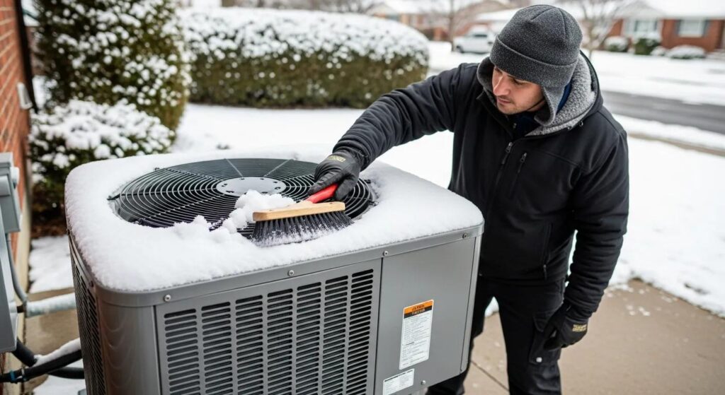man scraping snow off ac unit