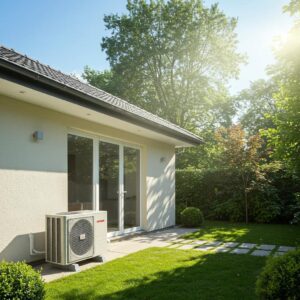 Modern residential home with a newly installed air conditioning unit in a sunny garden